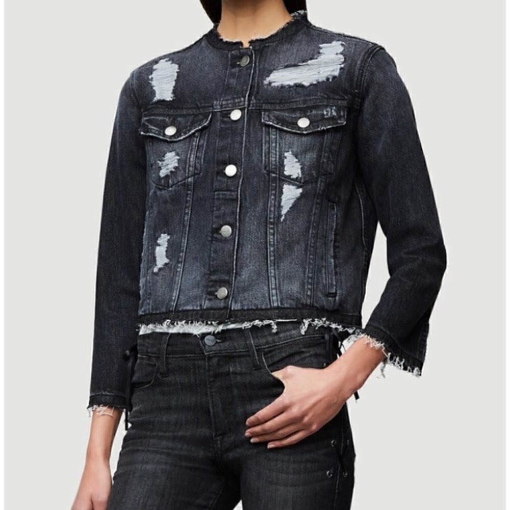 Frame Denim Gaven Black‎ Distressed Rigid Hem Denim Jacket XS